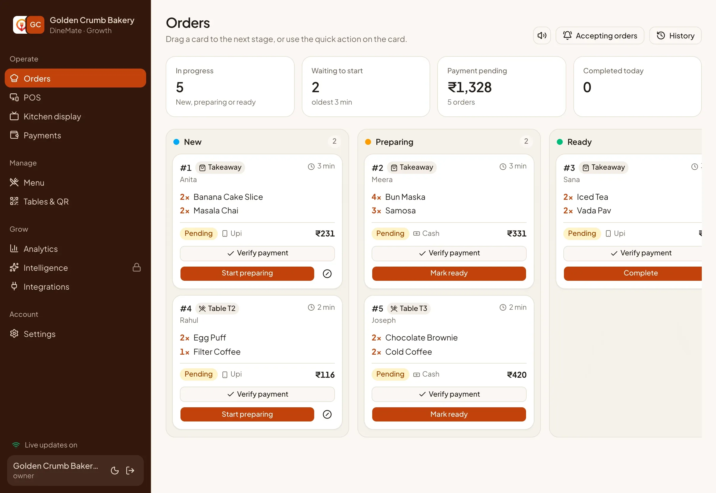 The orders board of a bakery with takeaway and table orders