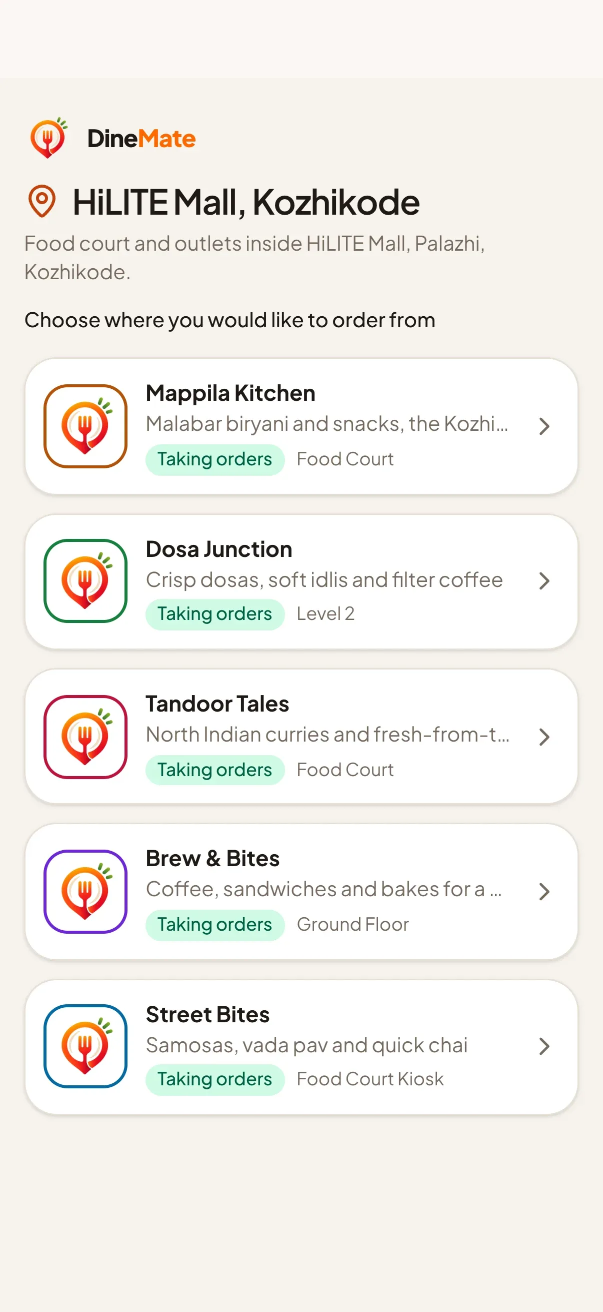 A zone page listing restaurants inside a mall