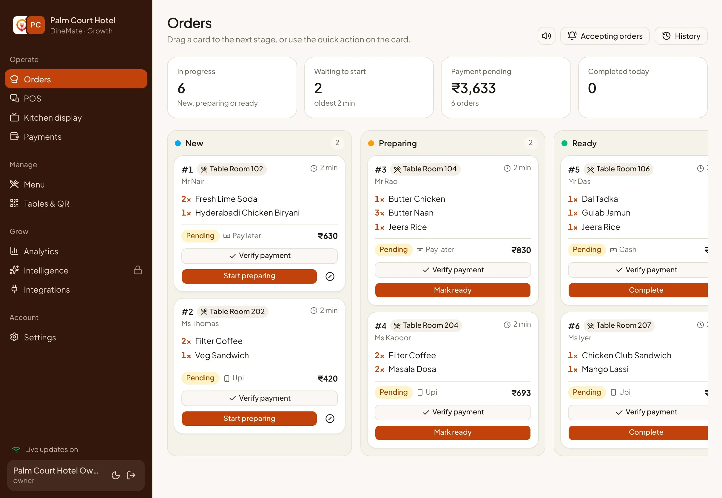 The orders board of a hotel with Room 102, 104 and 106 tickets