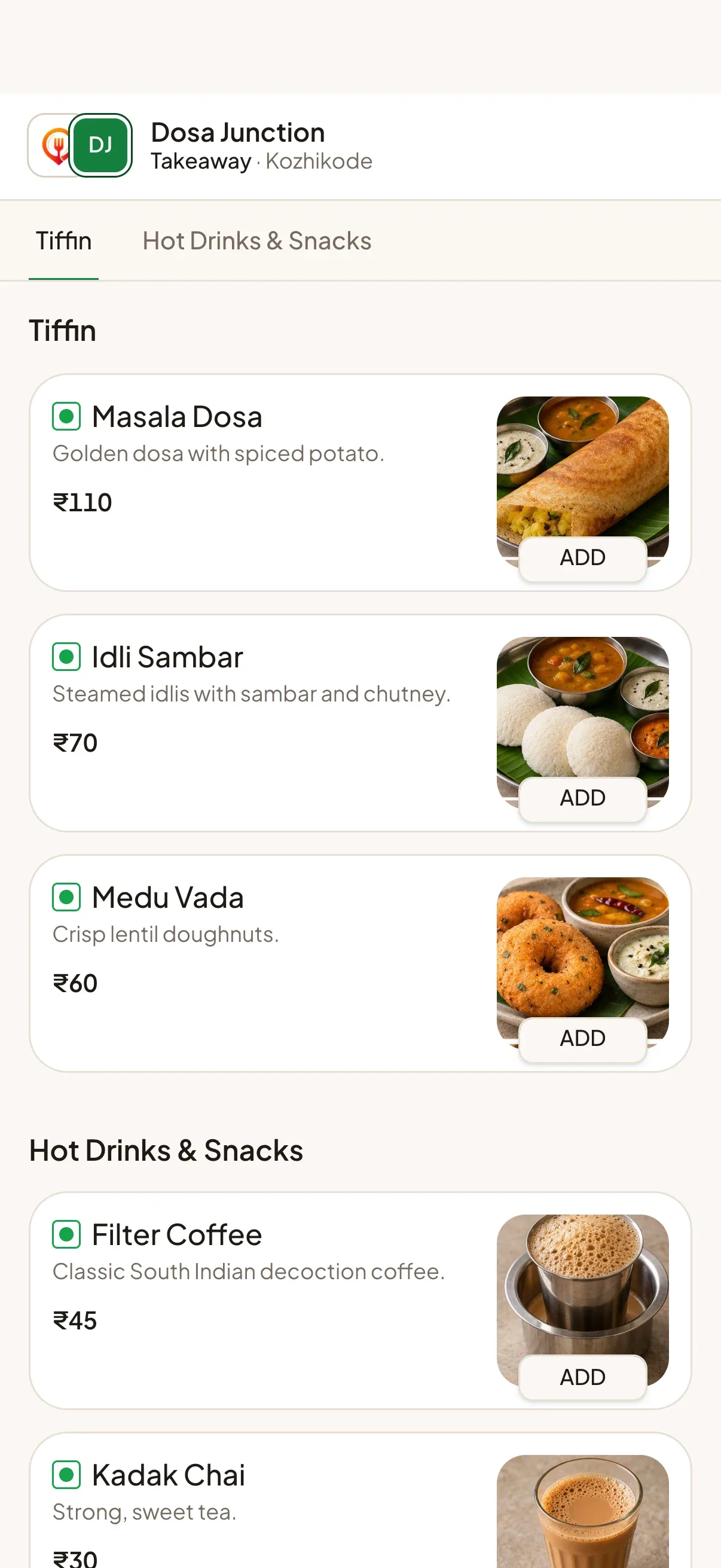 Dosa Junction menu in green