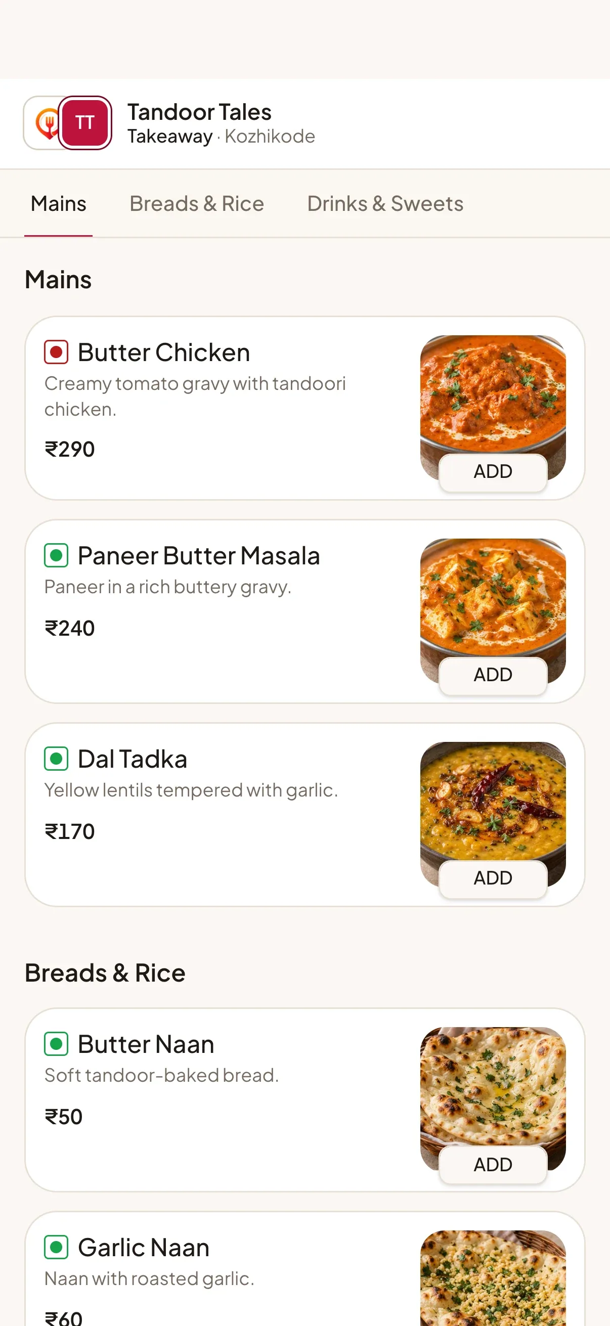 Tandoor Tales menu in crimson