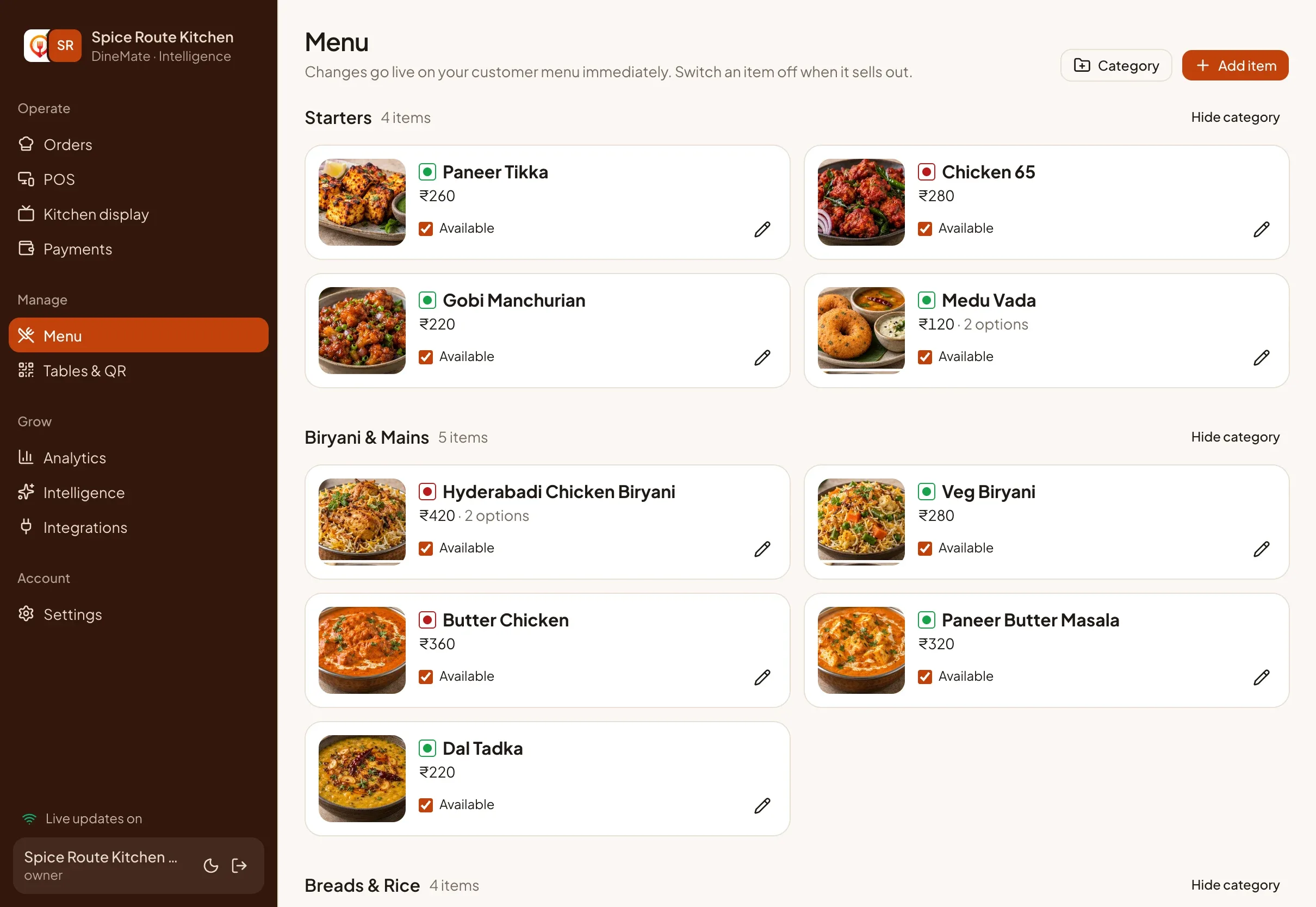 The Menu manager with categories and items