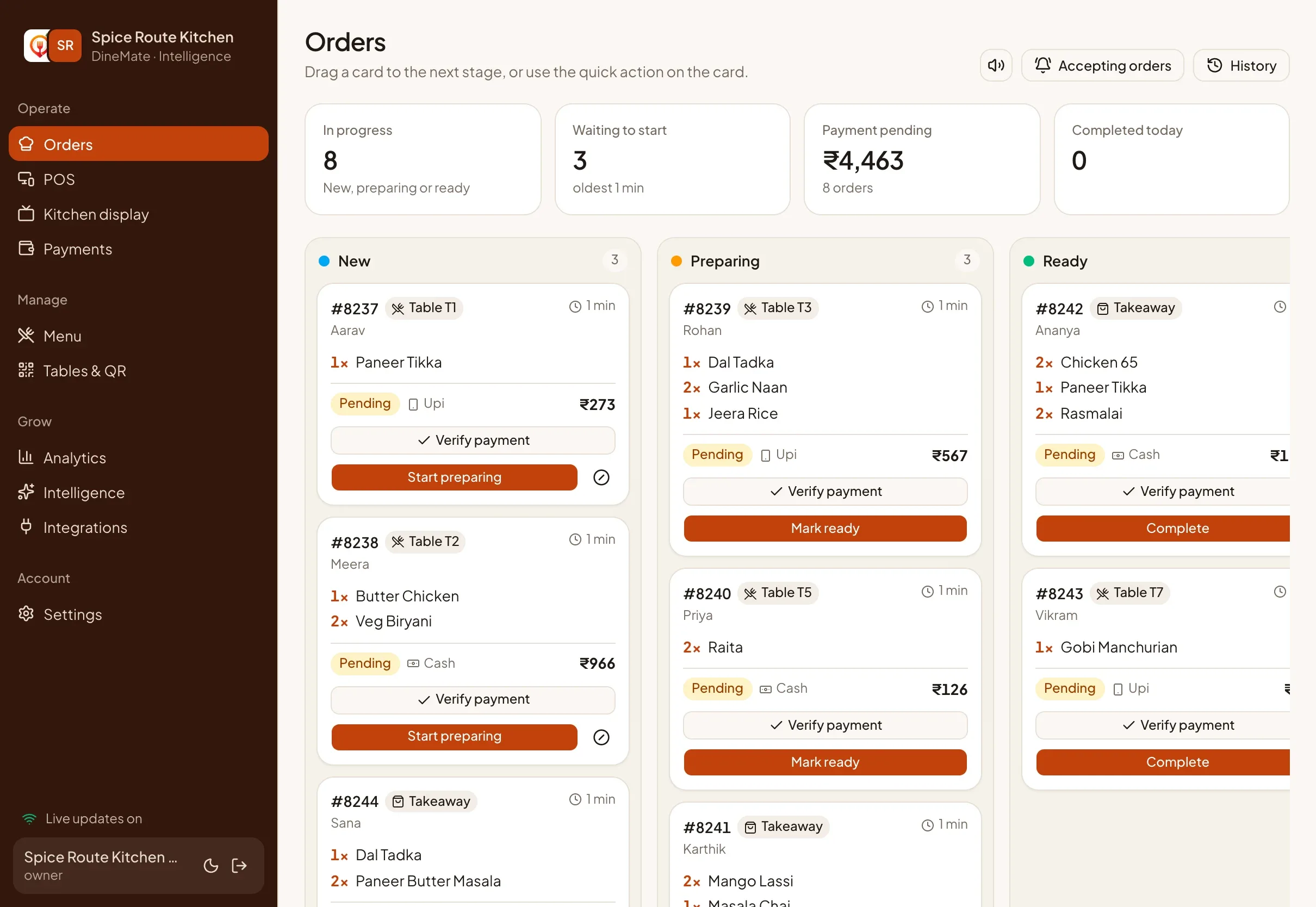 The DineMate orders board on a tablet with New, Preparing and Ready columns