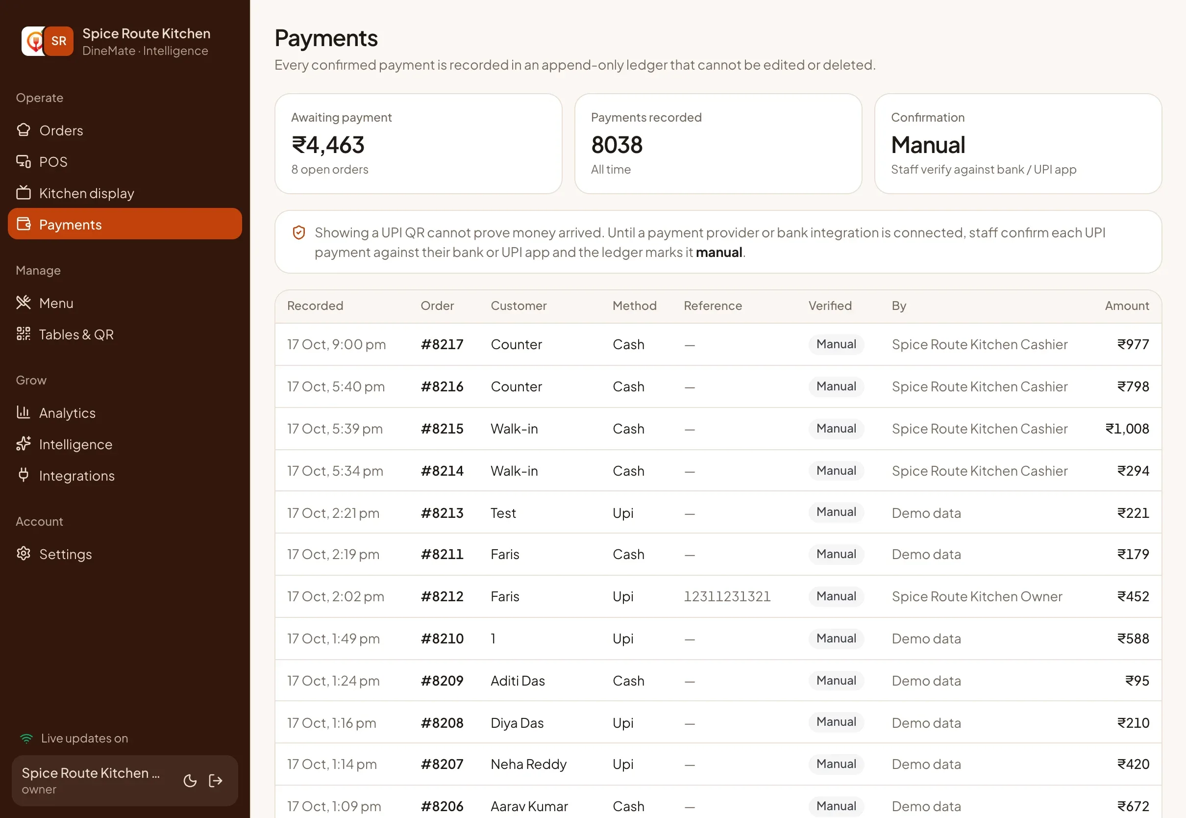 The Payments screen listing orders with UPI, cash and card