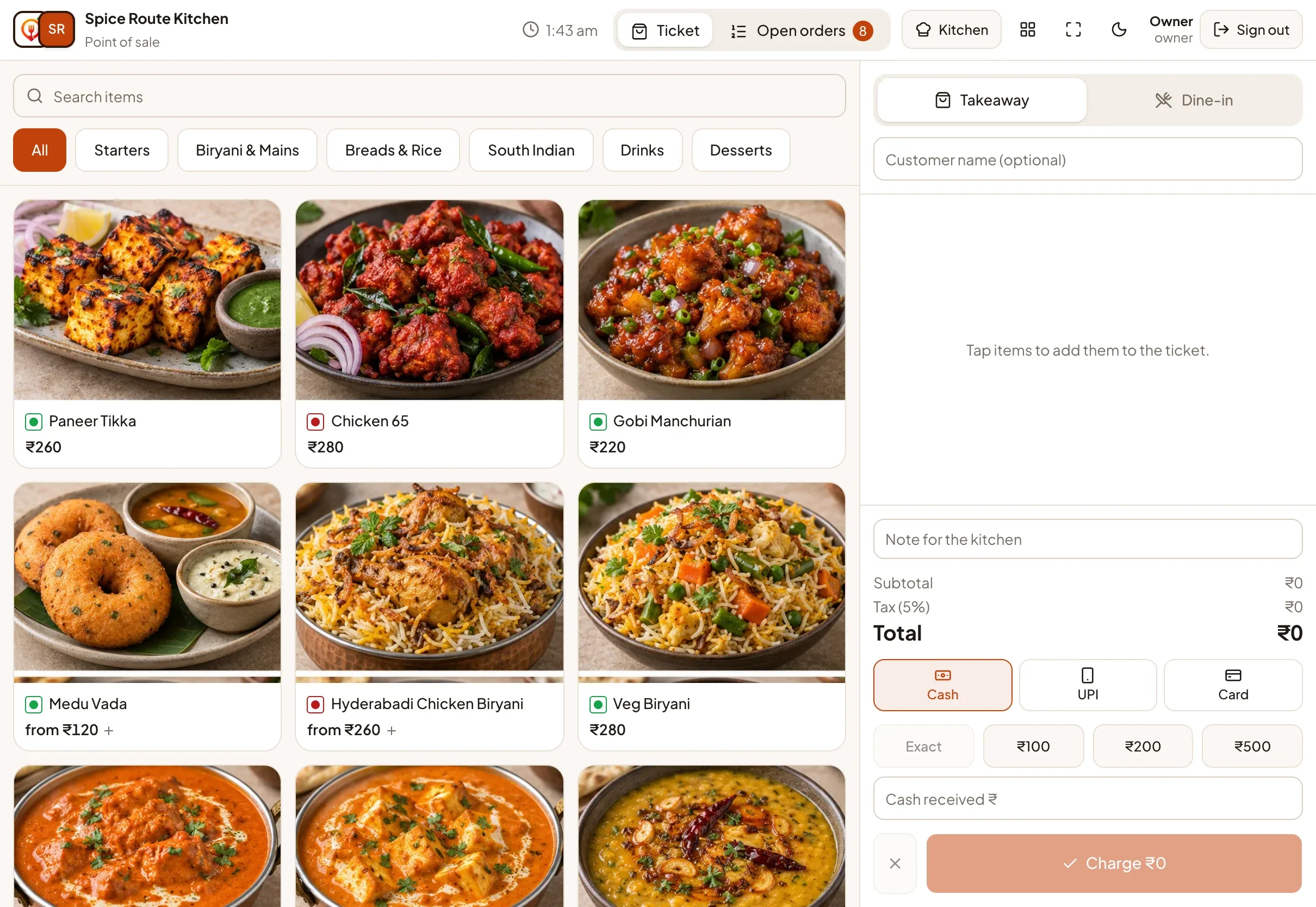 The DineMate counter POS with a menu grid and ticket